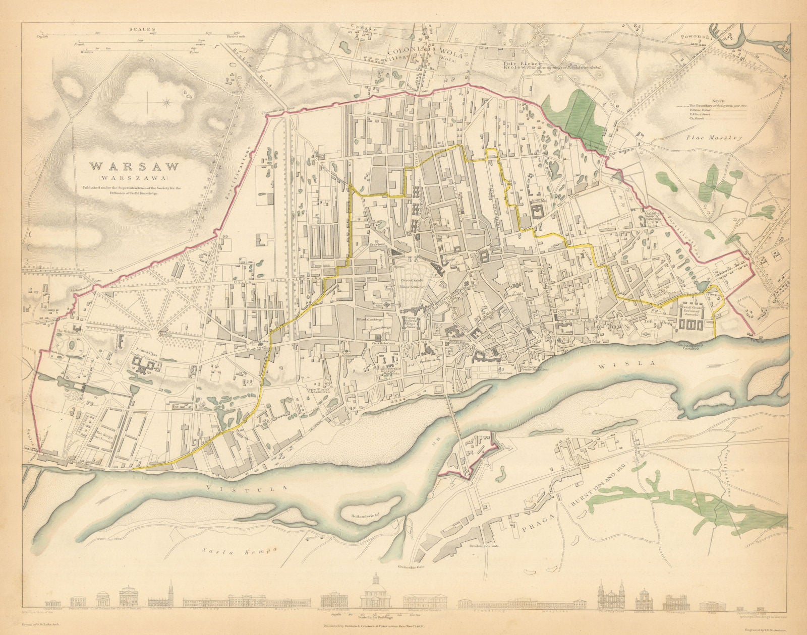 WARSAW WARSZAWA antique town city map plan. Building profiles. Colour. SDUK 1847